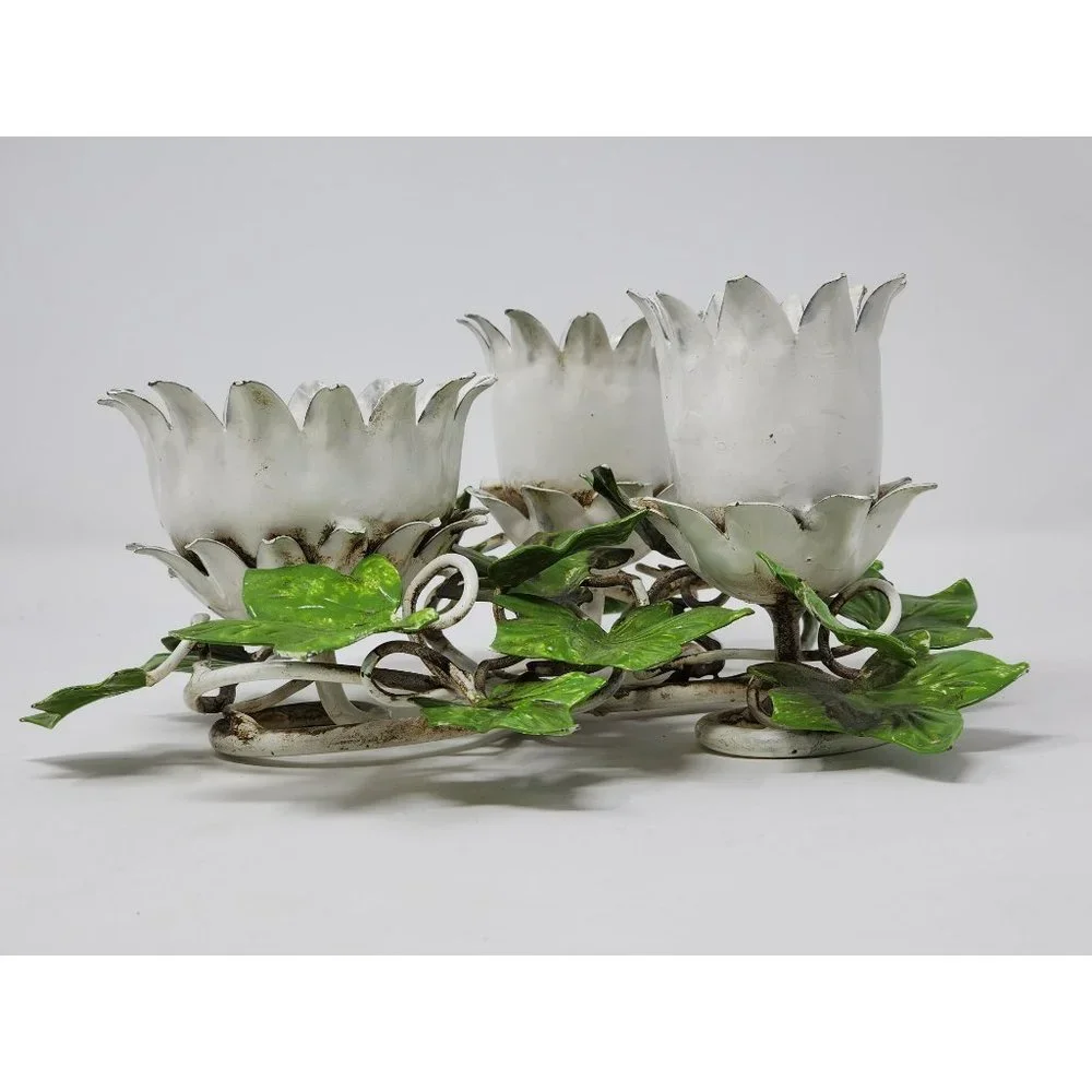 Vintage Painted Metal Flower‎ And Leaves Metal Candle Holder